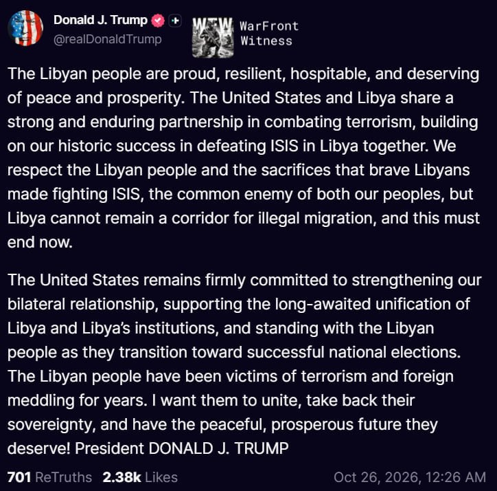 ️ 🇺🇸 נשיא ארה"ב דונלד טראמפ פרסם הצהרה בנושא Truth Social העוסקת ביחסים דיפלומטיים עם לוב, שותפות נגד טרו…