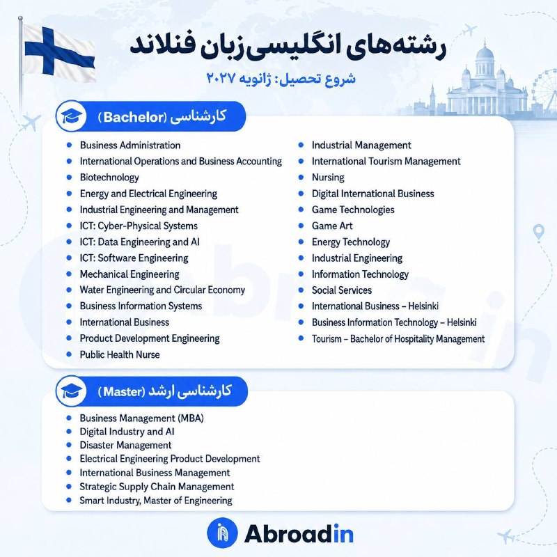 صفیر خوارزمی: ‼️لیست رشتههای انگلیسیزبان دانشگاههای فنلاند برای ورودی ژانویه ۲۰۲۷ منتشر شد اگر قصد داری همین زمستان تحصیلت رو در فن