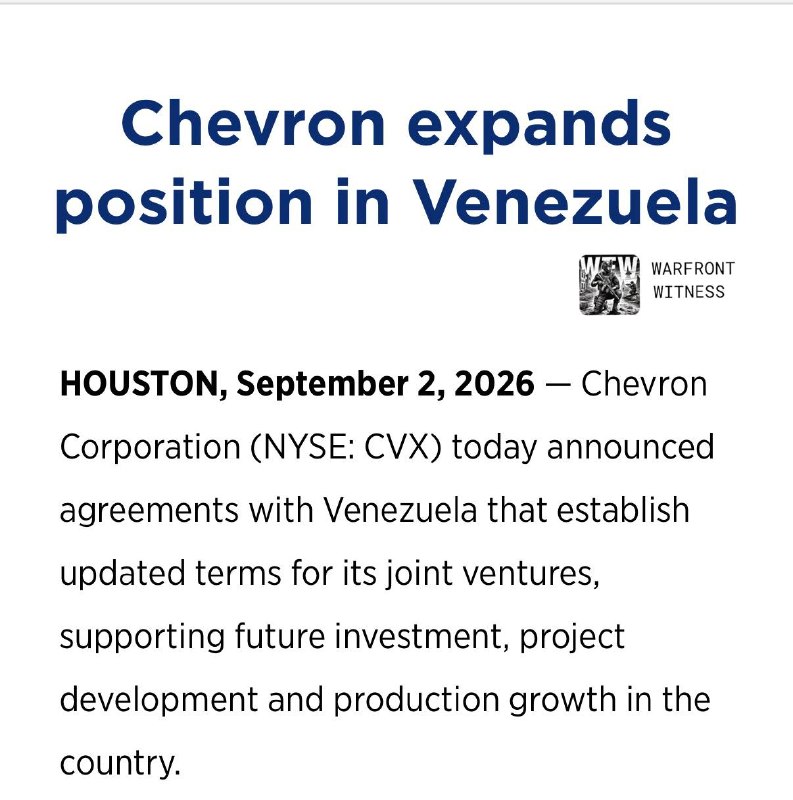 ️🇺🇸🇻🇪שברון הודיעה כי תרחיב את פעילותה בחגורת אורינוקו בוונצואלה לאחר שהגיעה והסכמה עם הממשלה.
