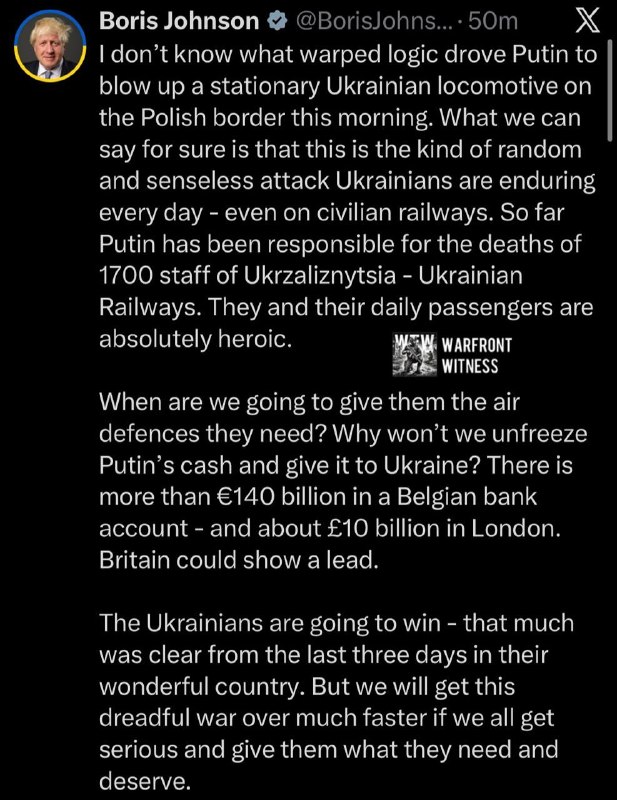 ️🇬🇧🇺🇦🇷🇺 ראש ממשלת בריטניה לשעבר ג'ונסון, בתגובה לפי הדיווחים על שרד מתקפת המל"ט הרוסי לאורך הגבול הפו…