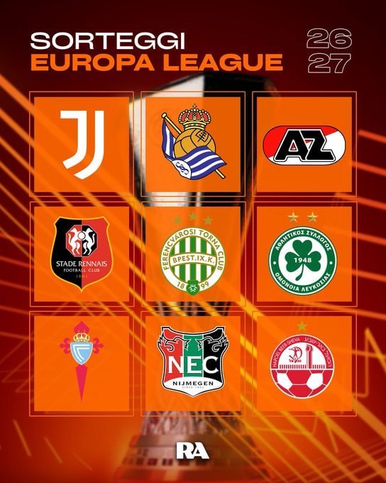 Juventus.iR: 🇪🇺 حریفان یوونتوس در لیگ اروپا ۲۰۲۶/۲۷🏠 خانگی🇪🇸 رئال سوسیداد — اسپانیا🇫🇷 رن — فرانسه🇨🇾 اومونیا — قبرس🇳🇱 ان‌ای‌سی بردا — 