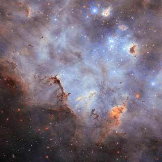 【大麦哲伦星系 N11 星云】NASA 公布一张哈勃太空望远镜拍摄的大麦哲伦星系「N11」星云照片，弥漫在星团中的尘埃云正形成新的恒星。大麦哲伦星系是银河系最大的卫星星系之一，距离地球约16万光年，质量相当于银河系的10%至20%。这张照片由哈勃望远镜「先进巡天相机」和「广域相机3号」的观测数据合并而成，拍摄时间跨度超过20年。 source