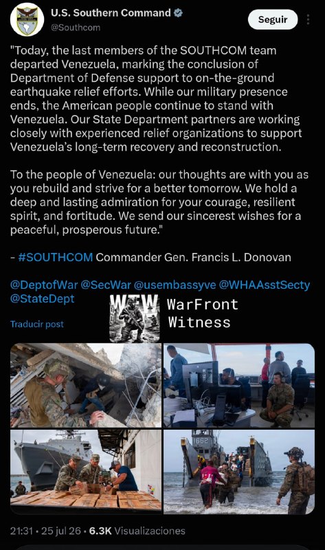 ️🇺🇸🇻🇪 פיקוד הדרום של ארה"ב הודיע על עזיבתו של אנשיו האחרונים את ונצואלה, ובכך סיים את תמיכת משרד ההגנה…