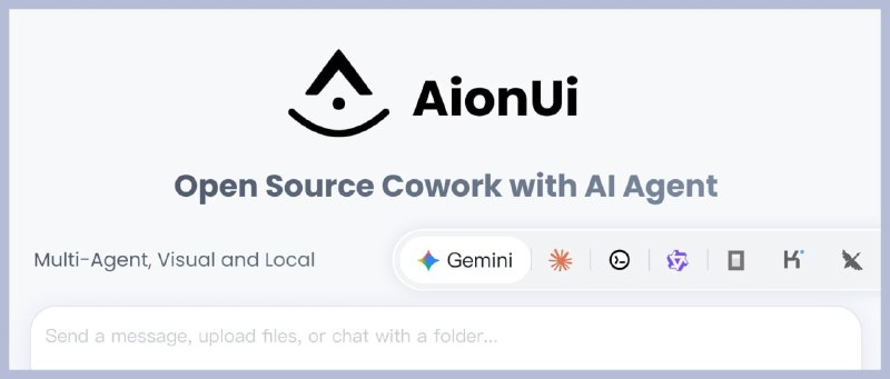 #AI #CLI #客户端 #开源 AionUi 命令行 AI 工具的图形化界面客户端，以直观的聊天界面替代传统终端交互，支持多会话并行、永久本地历史存储、智能文件批处理、Excel 处理与文件内容分析、以及 AI 图像生成与编辑等功能，支持 Gemini CLI、Claude Code、Qwen Code、Codex 等平台，且可自动识别本地 CLI 工具，所有对话和文件都保存在本地，免费开源，适用于 Windows、macOS、Linux 系统