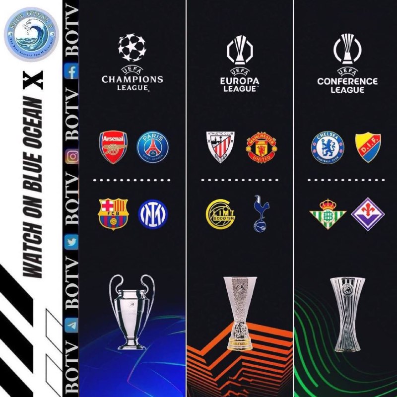 Live European Football (UEFA) Tue 29/04 Wed 30/04 Thu 01/05 UEFA 01: Arsenal 20:00 PSG 29/04 UEFA 02: Barcelona vs Inter Milan 30/04 UEFA 03: Athletic Bilbao 20:00 Manchester United 01/05 UEFA 04: Tottenham Hotspur 20:00 Bodø/Glimt 01/05 UEFA 05: Djurgaarden 20:00 Chelsea 01/05 UEFA 06: Real Betis 20:00 Fiorentina 01/05
