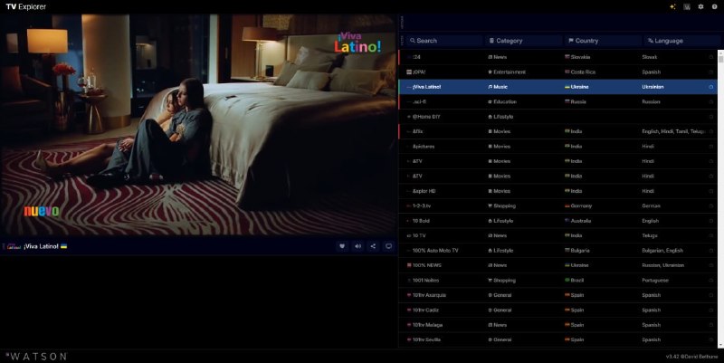 #TV TV Explorer 在线电视聚合网站，收录来自 175 个国家和地区的 10000+ 免费电视频道，基于浏览器即可直接播放，支持频道搜索、收藏、多画面同时观看和 M3U 播放列表导入，还提供节目分类浏览和快捷切换功能，适合观看新闻、体育、纪录片等公开频道内容，界面非常简洁，完全免费，无需注册