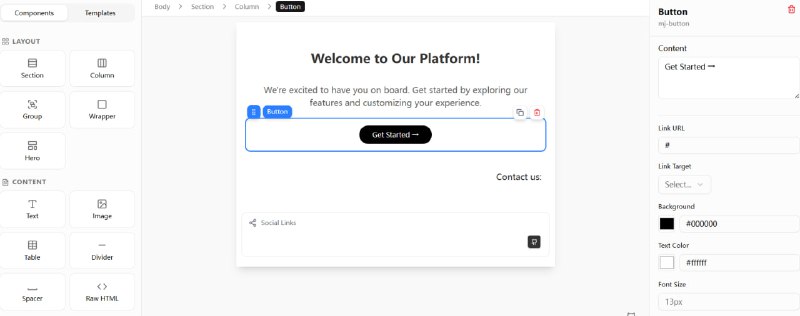 🆔  网站名称：Mail Studio⭐  网站功能：邮件编辑器📁  网站简介：一个可视化电子邮件编辑器，能够通过拖放界面快速构建响应式电子邮件，可以选择多种预设模板，进行自定义修改，并实时预览最终效果