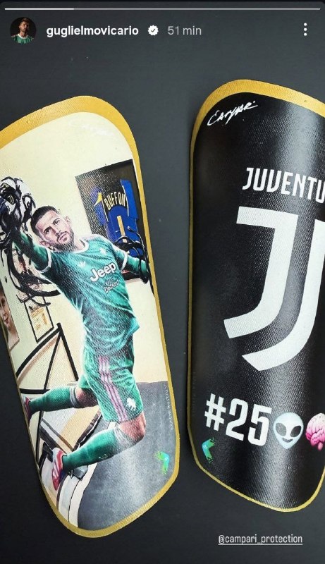Juventus.iR: محافظ ساق پای گولیلمو ویکاریو؛ تصویر بوفون هم روی آن دیده می‌شود. 🧤🖤🤍@Juventus_iRan