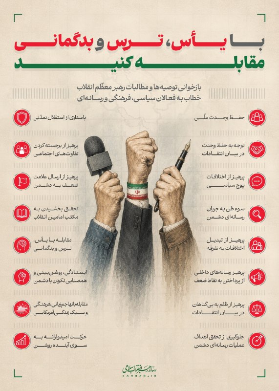ناب جهادی | جنگ و مذاکرات: 🔻بازنشر پیام رهبر انقلاب: با یأس، ترس و بدگمانی مقابله کنید🔺بازخوانی توصیه‌ها و مطالبات رهبر معظم انقلاب خطاب به فعالان 