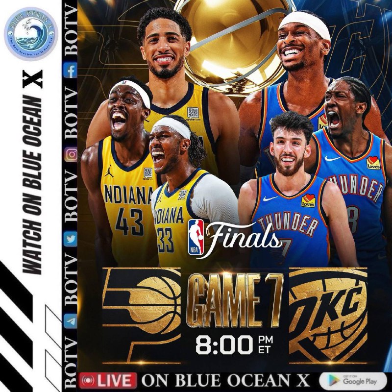 GAME 7 GAME DAY IS HERE PACERS. THUNDER. An NBA CHAMPION will be crowned.Don’t miss this WINNER-TAKE-ALL GAME 7 of the #NBAFinals presented by Blue Ocean X TONIGHT at 8:00pm/et on ABC & NBA Pass 🏆