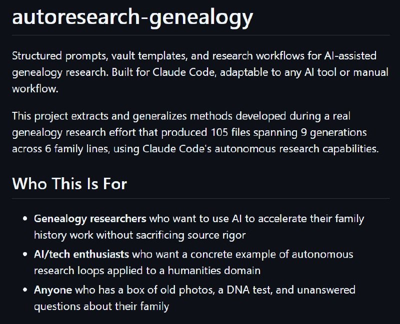 🍭 #AI工具 #家谱研究🏵 Autoresearch-genealogy - AI家谱研究工具🍥 简介