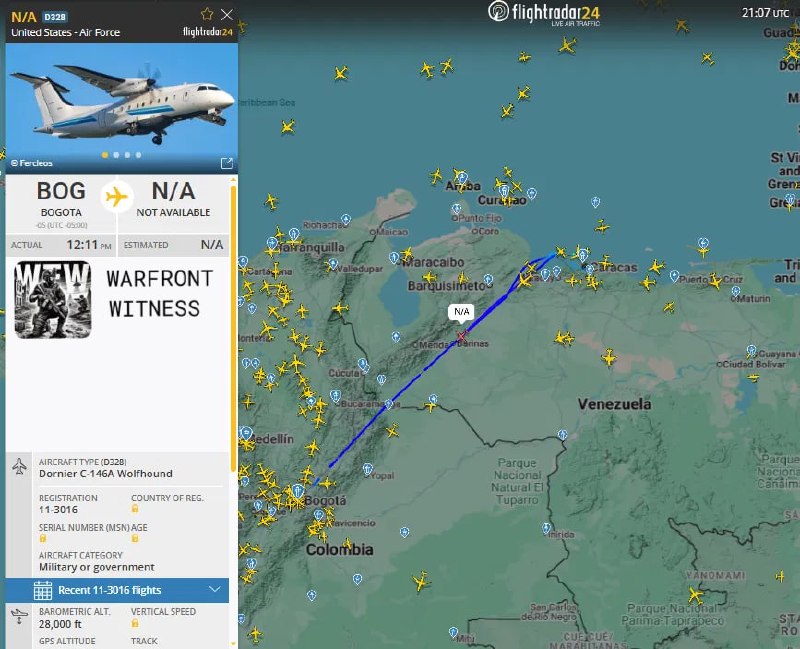 اخبار جنگ ایران امریکا: 🇺🇸🇨🇴🇻🇪یک هواپیمای دولنر C-146A ولفهاوند نیروی هوایی ایالات متحده با شماره دم 11-3016، از بوگوتا حرکت کرد و در ارتفاع ۲۸