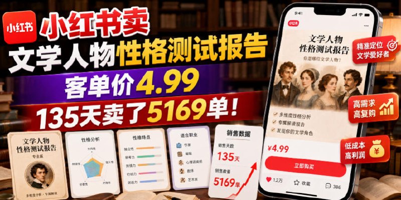 📌 #小红书  | 活动线报 · 返佣平台✍️ 《小红书卖文学人物性格测试报告 客单价4.99 135天卖了5169单》📖 项目介绍
