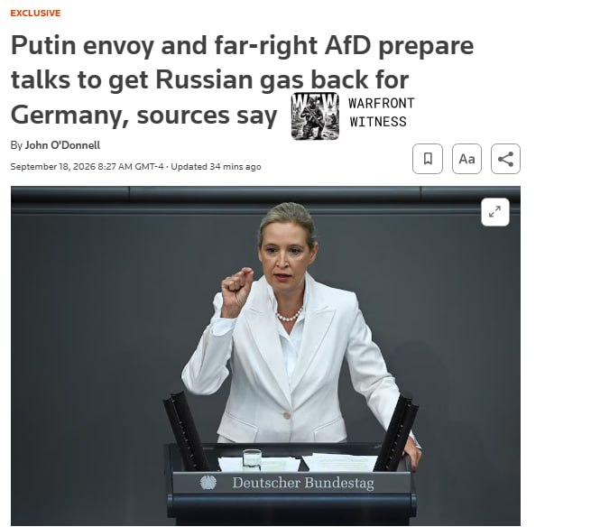 ️🇩🇪🇷🇺 Reuters: Putin's economic envoy Kirill Dmitriev and Germany's AfD leadership, including co-leaders Alice Weidel and Tino Cherupela, began preparing for a meeting as early as March to discuss resuming Russian gas supplies, including a possible reopening of Nord Stream's peace pipelines on the first peace framework agreed on Russia.