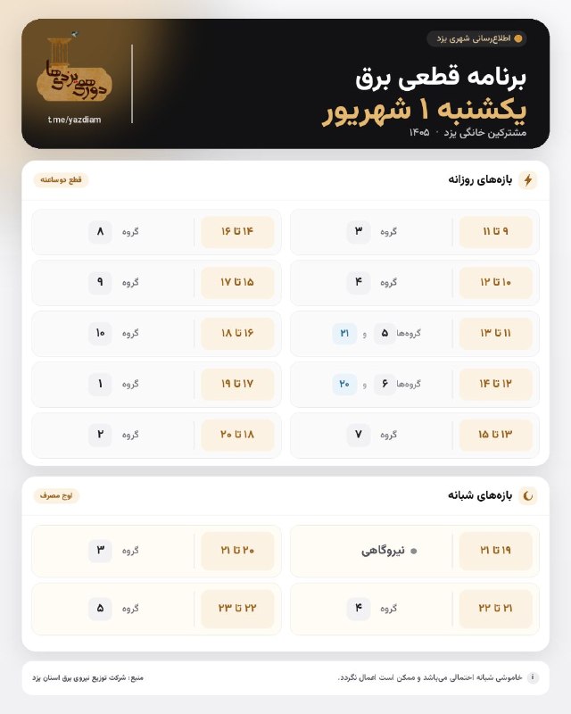 دورهمی یزدیها: برنامه قطع برق یزد، امروز یکشنبه، یک شهریور🆔 @Yazdiam | دورهمی یزدیها
