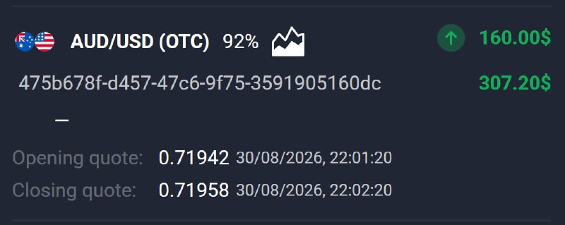 Trading Quotex Signals: 📊 AUD/USD (OTC) 🕘 1 MINUTES 💵 Use 160 from balance ➡️ CLICK HERE AND REGISTER✅ TRADE CLOSED IN PROFIT!💵 BALANCE: $510,30
