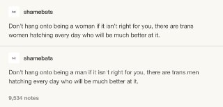 如果做女人不适合你你不必勉强自己做女人每天都有跨女走上当女人的路她们会把“做女人”这件事情做得更漂亮如果做男人不合适你你不必勉强自己做男人每天都有跨男走上当男人的路他们会把“做男人”这件事情做得更漂亮 source