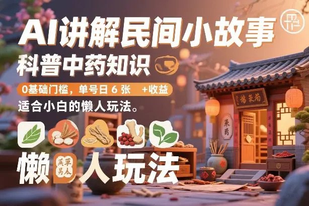📌 #短视频 ✍️  《AI讲解民间小故事 科普中药知识 0基础门槛 单号日6张+收益》💡  项目介绍