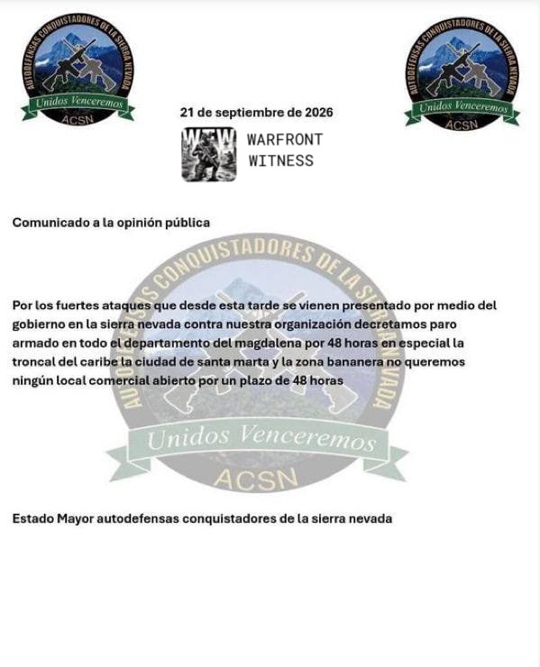 ️🇨🇴 The ACSN declared a 48-hour armed strike in the Magdalena department following the death of the group's second-in-command nicknamed "Cholo," when vehicles were reportedly burned in Santa Marta and along the Truncal del Caribe.