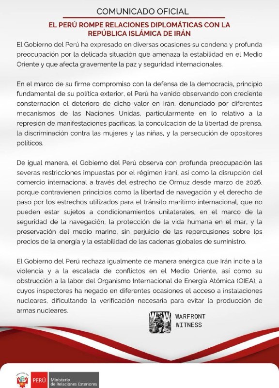 ️🇵🇪🇮🇷פרו ניתקה את היחסים הדיפלומטיים עם איראן, תוך שהיא מציינת דאגות לגבי הדיכוי הפנימי של איראן, הגבלו…