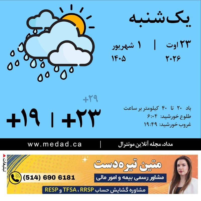 مداد، مجله آنلاین مونترال: یک‌شنبه‌ی شما به زیبایی بارانصبح‌‌‌‌‌تان به‌خیر آسمان شهرمان امروز ابری‌ست و خورشید مهربان به لطف سرعت نسبتا شدید باد، گ