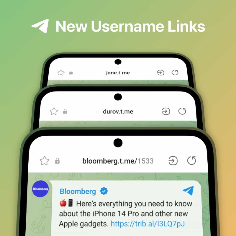 Usernames for public groups, channels and profiles have their own t.me/username links.For more flexibility, you can also use the new format username.t.meSeptember Features1 • 2 • 3 • 4 • More
