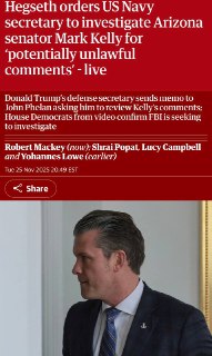 川普新时代的美国文革：美国战争部长命令海军部长调查凯利参议员的“非法言论”，联邦调查局约谈那些说军人有权不执行非法命令的民主党参议员们。美国军人第一课历来是“在命令与法律冲突时必须拒绝执行命令”，以后要改成坚决执行伟大领袖川普的任何命令。