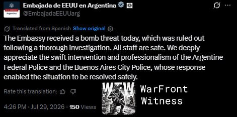 ️🇺🇸🇦🇷 שגרירות ארה"ב בבואנוס איירס פונתה לאחר איום בפצצה, כאשר נוכחות משטרתית גדולה פרוסה באזור הדיפלומט…