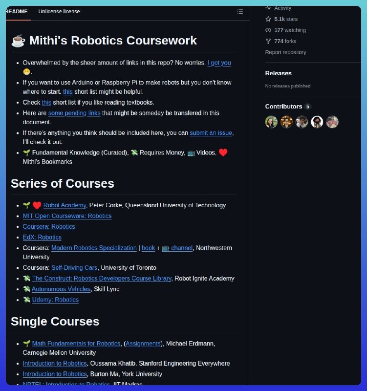 🍭 #机器人学 #在线教育 #开源课程🏵 Robotics-coursework - 机器人学在线学习资源汇编🍥 简介