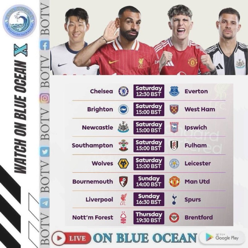 Premier League Football (EPL) Sat 26/04 Sun 27/04 EPL01: Chelsea 12:30 Everton 26/02 EPL02: Brighton 15:00 West Ham United 26/02 EPL03: Newcastle United 15:00 Ipswich 26/04EPL04: Southampton 15:00 Fulham 26/04EPL05: Wolves 15:00 Leicester 26/04EPL06: Bournemouth 14:00 Manchester United 27/04EPL07: Liverpool 16:30 Tottenham Hotspur 27/04