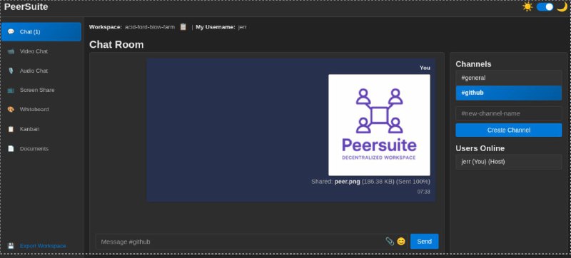 #协作 #工作 #文档编辑 #开源 PeerSuite 基于 WebRTC 技术的在线协作平台，支持频道聊天、私信对话、图片预览与文件发送，支持协作文档编辑、看板任务管理、白板绘图/流程图、屏幕共享、视频通话与音频通话等功能，开发者称其是对 Discord 或 Slack 的隐私替代方案，免费开源，无需注册
