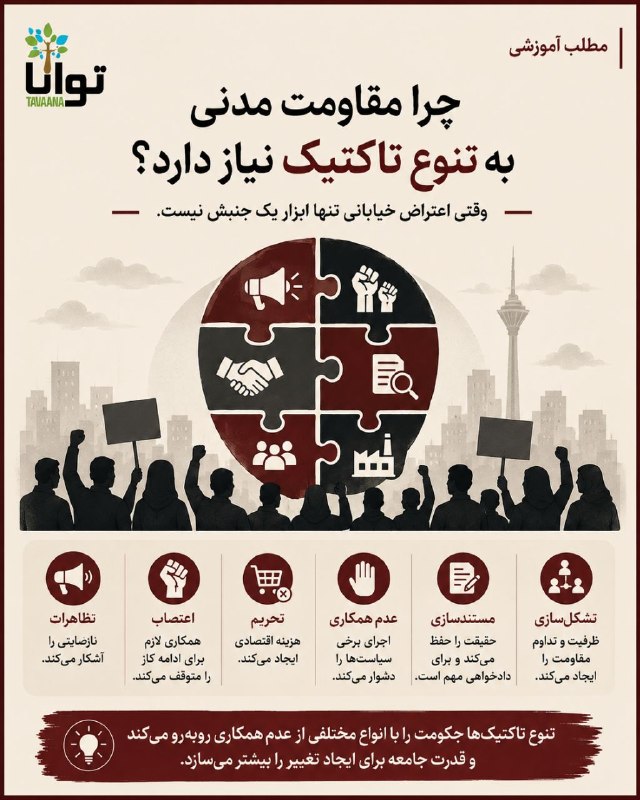 آموزشکده توانا: چرا مقاومت مدنی به «تنوع تاکتیک» نیاز دارد؟وقتی اعتراض خیابانی تنها ابزار یک جنبش نیستوقتی از مقاومت مدنی حرف میزنیم، ا