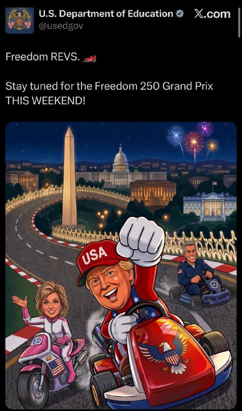 اخبار جنگ ایران امریکا: 🇺🇸 — وزارت آموزش و پرورش ایالات متحده دیروز تصویری تولید شده با هوش مصنوعی از رئیس‌جمهور ترامپ، لیندا مک‌کامون وزیر آموز