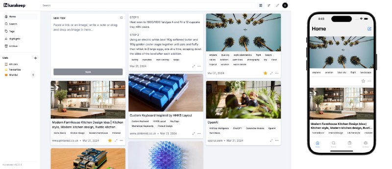 🆔  项目名称：Karakeep⭐️  项目功能：书签管理📁  项目简介：一个自托管的多功能书签管理应用，可以保存和组织各种类型的信息，包括链接、笔记、图片和PDF文件