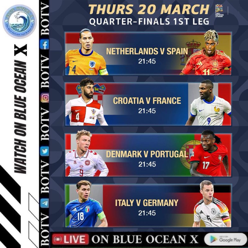 Optus Events 20.03.2025Optus 01: The Big Interview - Jack Taylor 03-20 13:30 UTCOptus 02: Denmark v Portugal 03-20 19:35 UTCOptus 03: Croatia v France 03-20 19:35 UTCOptus 04: Austria v Serbia 03-20 19:35 UTCOptus 05: The Big Interview 03-20 13:30 UTCOptus 06: Italy v Germany 03-20 19:35 UTCOptus 07: Turkiye v Hungary 03-20 16:50 UTCOptus 08: Greece v Scotland 03-20 19:35 UTCOptus 09: Armenia v Georgia 03-20 16:50 UTCOptus 10: Netherlands v Spain 03-20 19:35 UTC