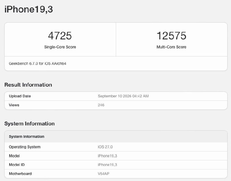 Geekbench 公布 iPhone 18 Pro Max 跑分，单核成绩超 4700 分