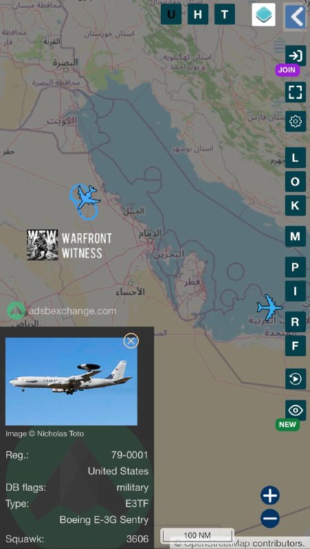 ️🇺🇸🇮🇷 E-3 AWAC אמריקאי מסתובב כעת מעל המרחב האווירי הסעודי בין כווית לבחריין, ששניהם היו מטרות כבדות בת…