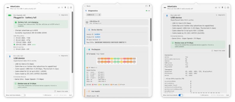#USB #macOS #开源 WhatCable Mac 菜单栏 USB-C 线缆识别工具，可查看已连接线缆支持的充电功率、传输速率、Thunderbolt、DisplayPort 等协议信息，并检测是否带有 E-Marker 芯片，帮助排查充电慢或传输速度受限等问题，数据直接读取系统底层接口，本地离线运行，不联网收集数据，免费开源，仅适用于搭载 Apple Silicon 且运行 macOS 14 及以上系统