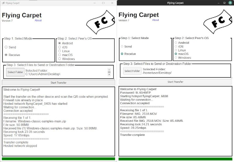 ✈️ FlyingCarpet - 跨平台文件传输工具▎软件平台