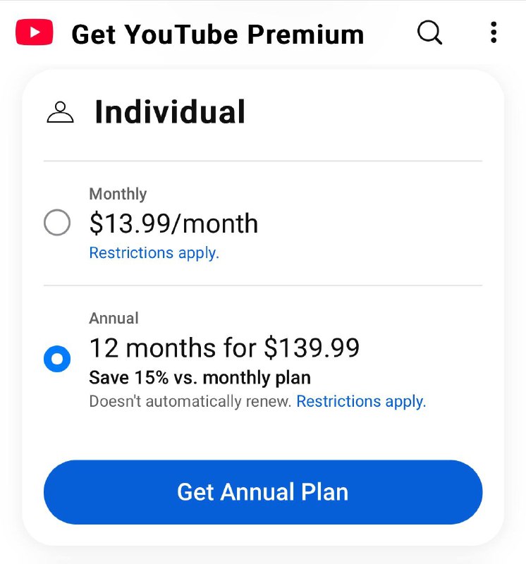 YouTube Premium個人訂閱年費從$119.99漲為$139.99