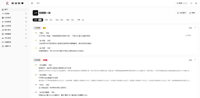 #资讯 今日时事 一个新闻资讯聚合服务，可实时同步各大平台的最新消息，包括头条、百度、贴吧、微博、知乎、虎扑、GitHub、懂车帝等平台，且会按照时间线顺序进行展示，也支持收藏平台功能，更个性化的浏览自己关注的平台消息