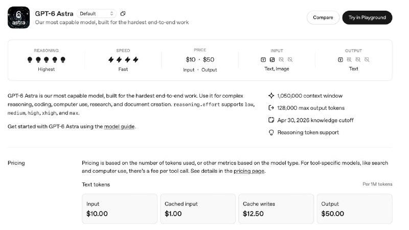 GPT-6 Astra 已支持 API，每 1M tokens 输入 $10.00，输出$50.00。