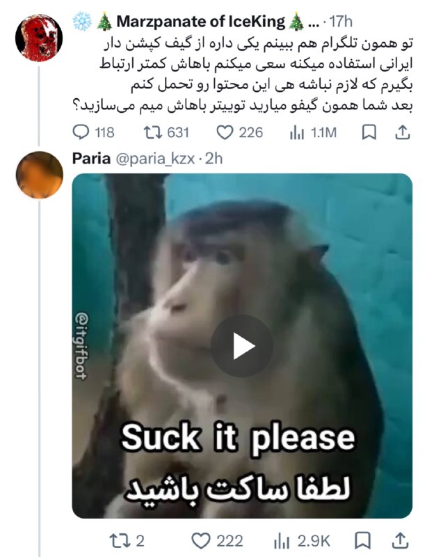 توییتر فارسی: توی توییتر یه نفر گفت گیف‌هایی که نوشته فارسی دارن، به درد نمیخورن. گیف بازا بهشون برخورد و رگباری واسش گیف بامزه فرستاد