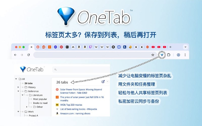 #标签页 #插件 OneTab 浏览器标签页整理插件，可一键关闭所有标签页，并将其转换为一个列表页面，从而显著降低内存和 CPU 占用，后续可按需逐个恢复或一键恢复全部页面，支持拖拽整理链接顺序、创建标签分组以及复制或导出 URL 列表等功能，适用于老旧设备或内存与 CPU 性能过低的设备，免费使用，无需注册