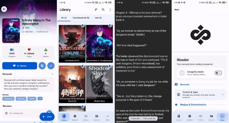 #小说 #阅读 #开源 IReader Android 与桌面端小说阅读器，可通过扩展和 JavaScript 插件（兼容 LNReader 生态）实现对多种书源的支持，并可跨多个书源进行搜索，支持离线下载与书库管理，支持更改阅读方向、背景色、字体大小、行间距、夜间模式等，桌面端还支持 AI 语音朗读功能，免费开源无广告
