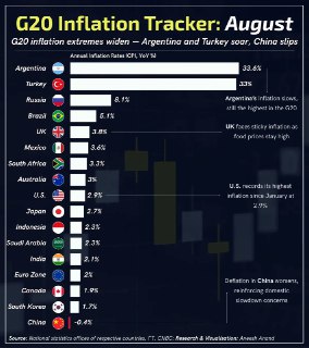 今年8月G20通货膨胀率，最高的阿根廷达33.6%，最低的中国收缩0.4%。美国今年以来最高，达2.9%。