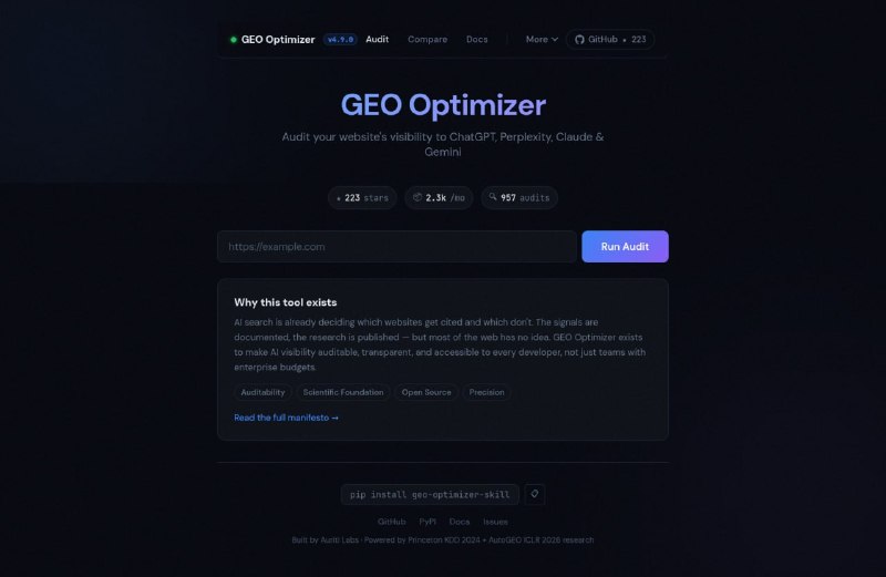 🍭 #SEO #AI工具 #开发工具🏵 Geo-optimizer-skill - AEO与GEO性能优化工具集🍥 简介