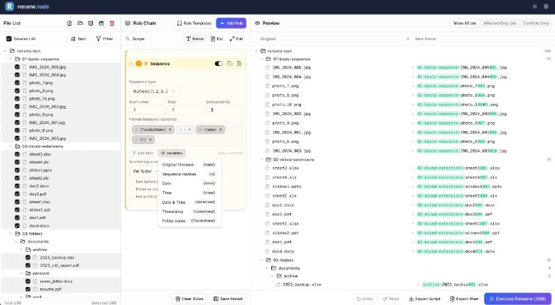 #重命名 #开源 Rename.Tools 网页端批量文件重命名工具，基于浏览器 File System Access API 实现，支持正则表达式、规则链、实时预览、元数据、剧集刮削等功能，所有数据在本地进行处理，还支持将重命名规则导出为 Bash 或 PowerShell 脚本，方便在其他环境中复用或批量执行，免费开源，无需注册