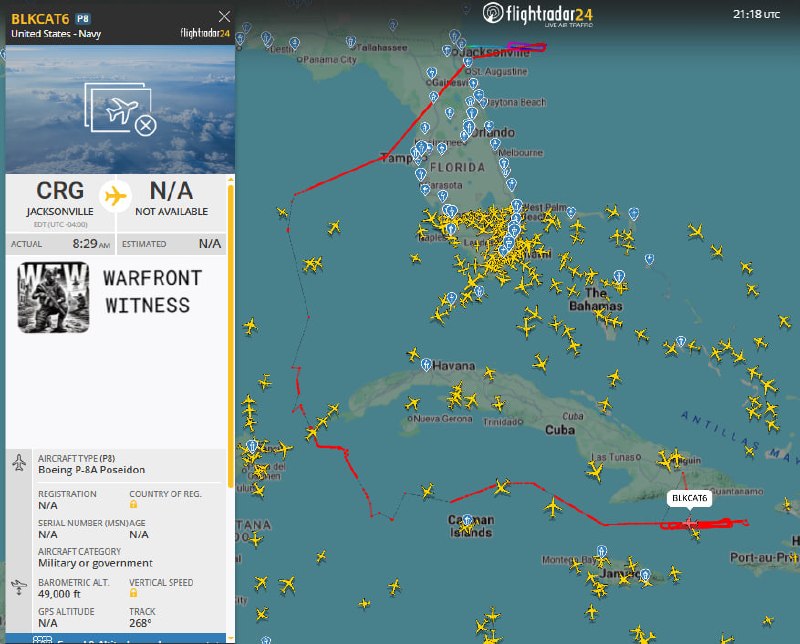 اخبار جنگ ایران امریکا: 🇺🇸🇨🇺یک فروند بوئینگ P-8A Poseidon با کالساین BLKCAT6 در حال حاضر در نزدیکی کوبا، در سواحل گوانتانامو، در حال گشتزنی اس