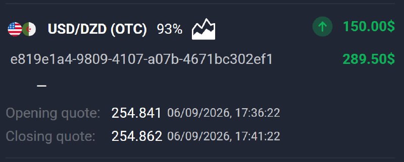 Trading Quotex Signals: 📊 USD/DZD (OTC) 🕘 5 MINUTES 💵 Use 150 from balance ➡️ CLICK HERE AND REGISTER✅ TRADE CLOSED IN PROFIT!💵 BALANCE: $244,30
